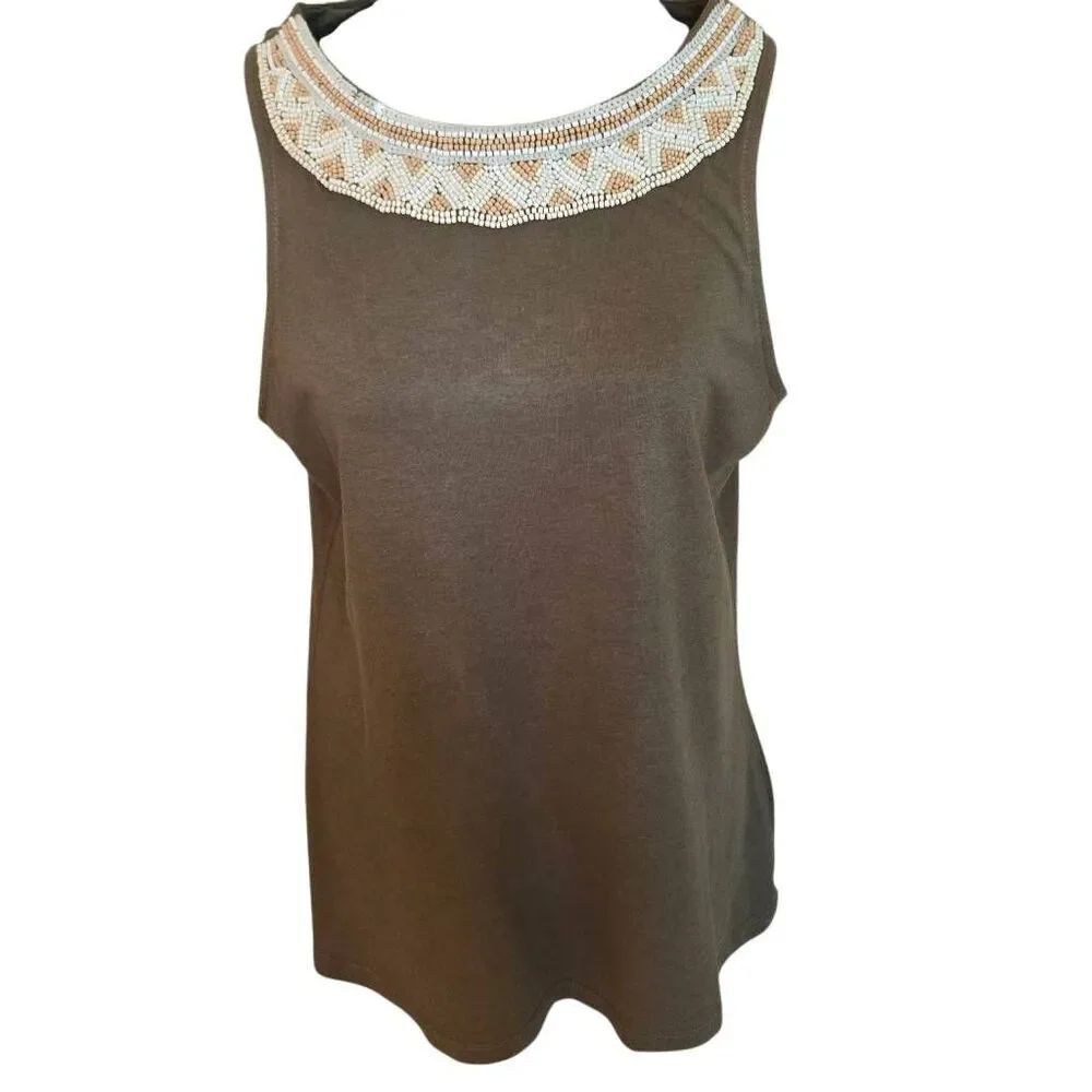 LAUREN Ralph Lauren Womens Sleeveless Beaded Neckline Tank Top Medium